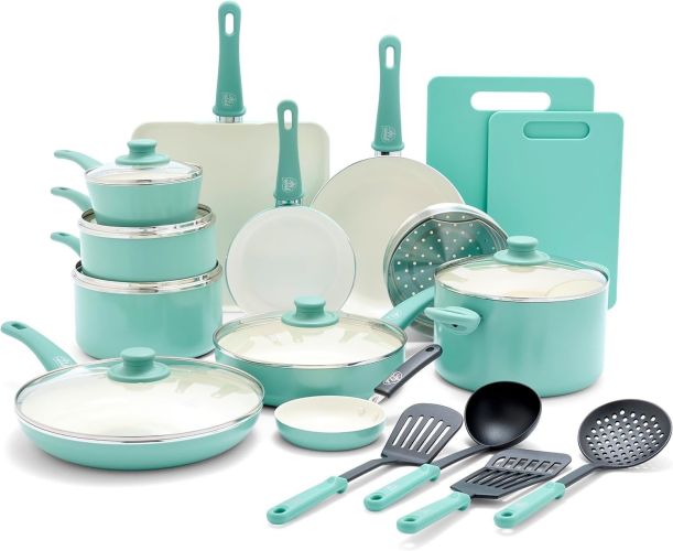 GreenLife Soft Grip Healthy Ceramic Nonstick 23 Piece Kitchen Cookware Pots and Frying Sauce Saute Pans Set with Kitchen Utensil