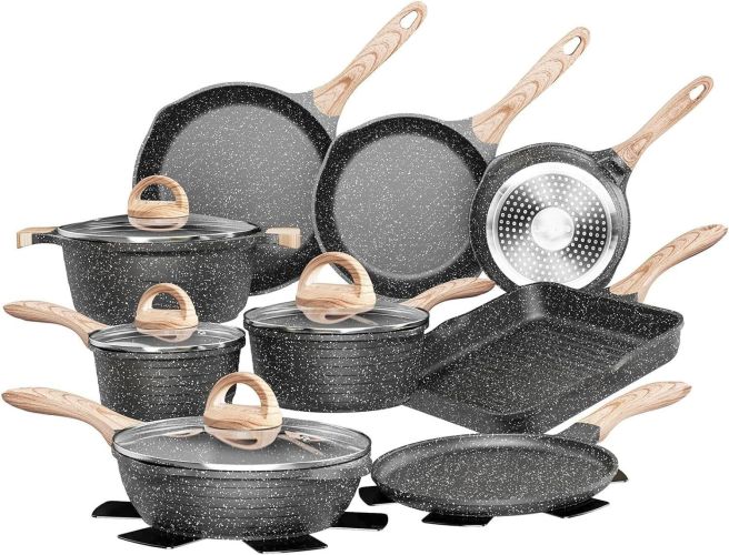 23pcs Pink Pots and Pans Set Nonstick, Healthy Kitchen Cookware Sets, Induction Cooking Set Pink Granite Stone Frying Pans
