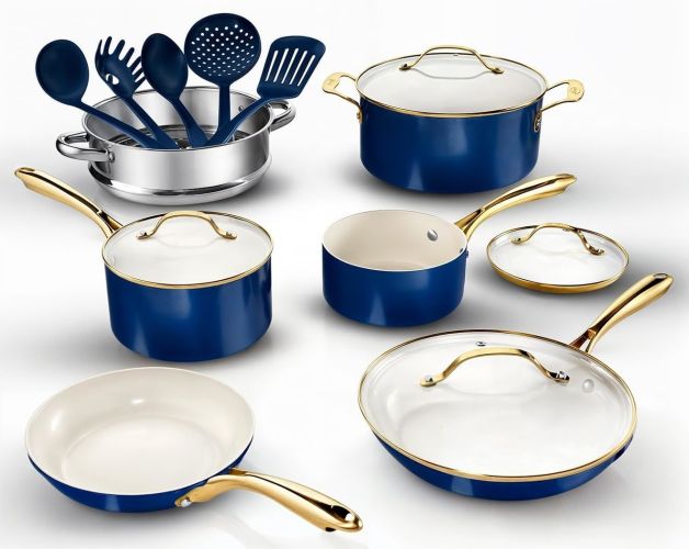 15 Pc Ceramic Pots and Pans Set Non Stick, Kitchen Cookware Sets, Ceramic Cookware Set, Non Toxic, Non Stick Pots, Cream White